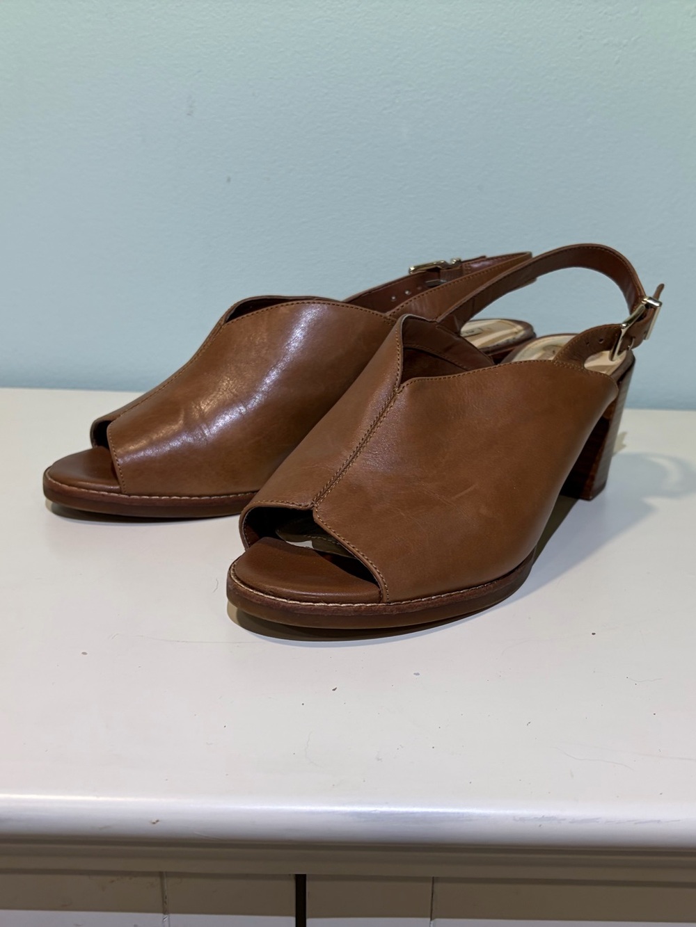 Alex Marie Chestnut Brown Leather Slingback Peep-Toe Chunky Heels. Size 9.5